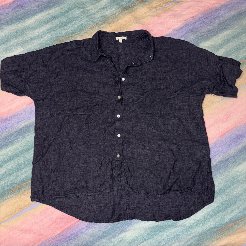 Eileen Fisher Blue Boxy Polo Short Sleeve Top